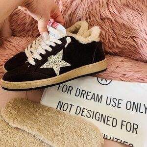 Golden Goose brown suede shearling sneakers with Glitter Star